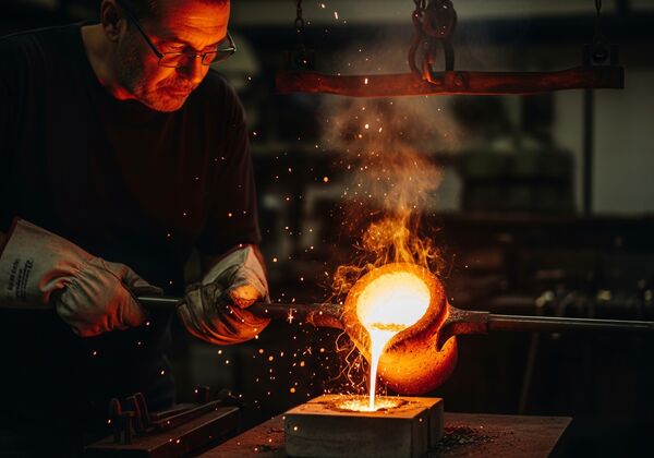 Master goldsmith pouring molten gold